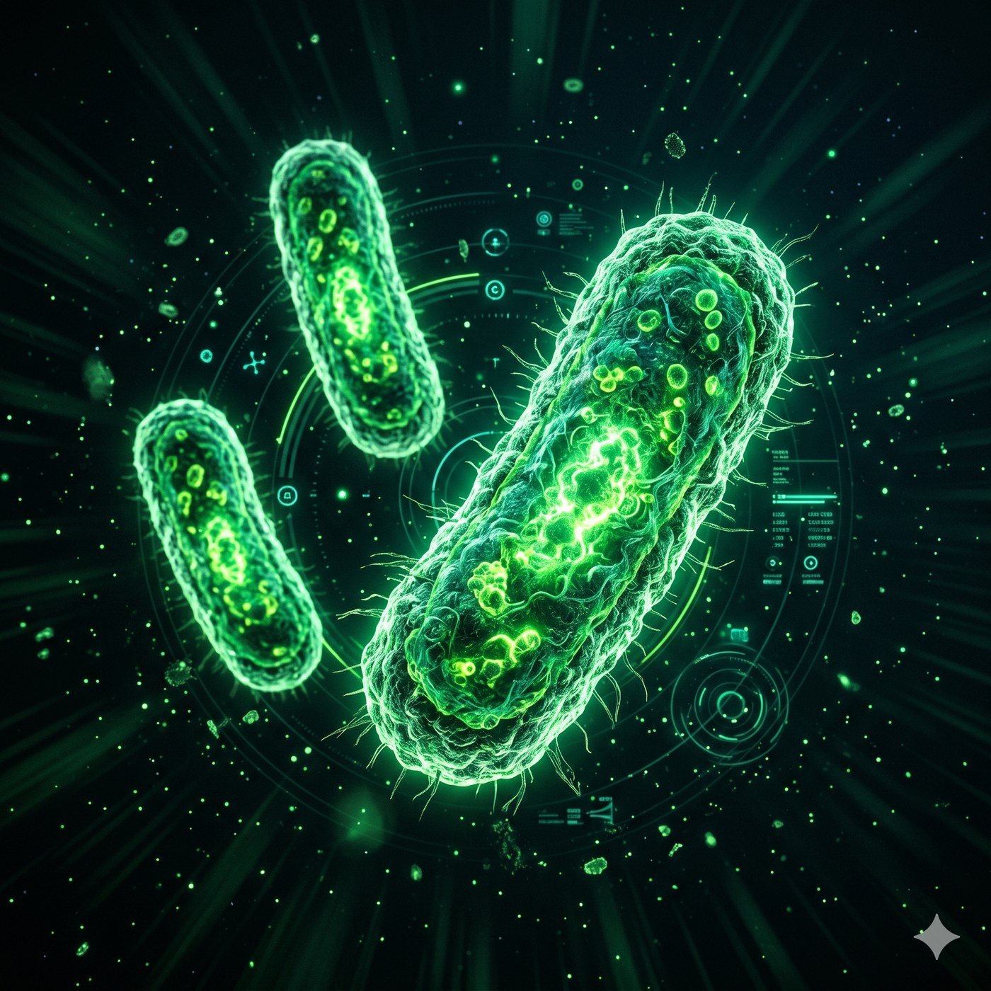 Bacteria 3D bioluminiscente verde — nano-biotecnología BIOLOTEC