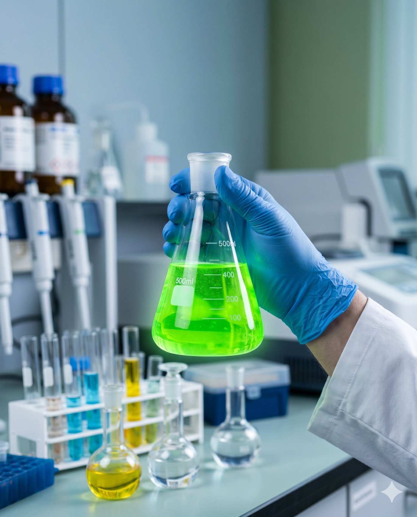 Laboratorio BIOLOTEC con matraz erlenmeyer y solución verde fluorescente